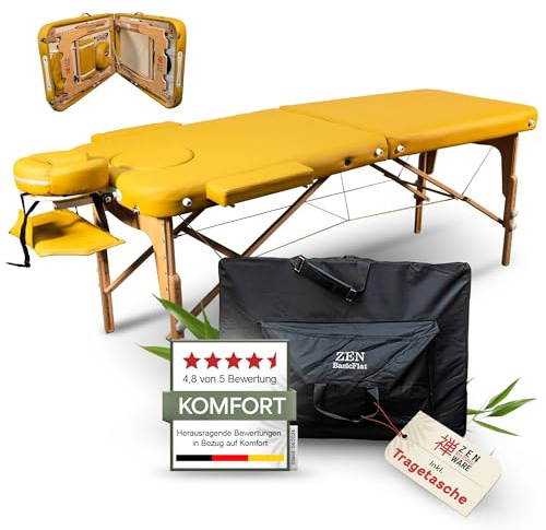 ZEN Massageliege klappbar & mobile Massagetisch aus Holz, stabile Massagebett - Massagebank höhenverstelbar, Wimpern, Tattoo & Kosmetikliege - Behandlungsliege mit Kopfteil, Armstütze & Tasche, (Gelb)