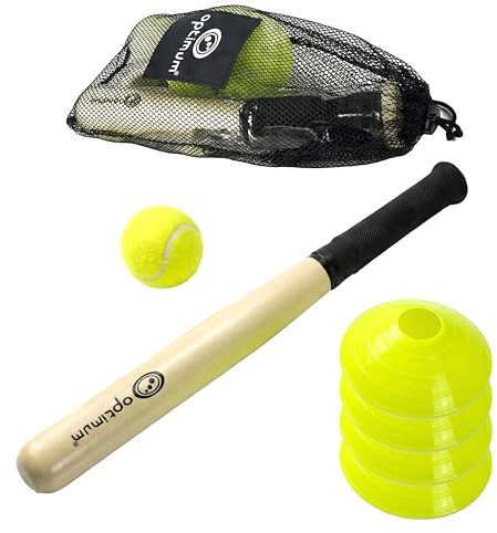 Optimum Rounders Schläger & Set - Leichter Holzschläger oder komplettes Set mit Ball, Boden & Tragetasche - Ideal für PE, Schule, Garten & Spiele im Freien, Baseball-Set von Rounders, Medium