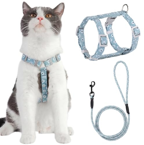 PETTOM Blumenmuster katzengeschirr mit Leine katzenleine mit Geschirr für Katzen mit Rundes Schlüsselband Ausbruchsicher Einstellbarer Brustgurt Geeignet für kleine und mittlere Katzen