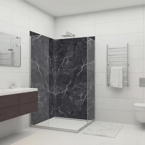 dedeco 2tlg. Eck-Duschrückwand Marmor V7, 90x200cm Alu 3mm UV glänzend | Wasserfeste Duschrückwand, Alu-Verbundplatte mit UV-Lack glänzend – fugenlos, pflegeleicht, Fliesenersatz, Made in Germany