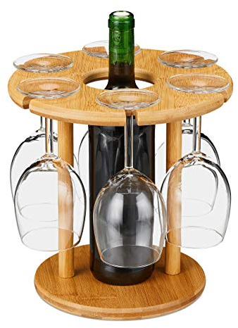 Relaxdays Weinglashalter, Bambus, für 6 Gläser, rund Ø 25cm, Weingeschenk, Bar, Weinbutler mit Weinflaschenhalter, natur 1 Stück