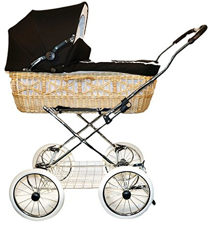 EICHHORN Kinderwagen Weidenkorb - Kinderwagen aus echter Weide, handgeflochten, Korb Natur, Stoff Schwarz