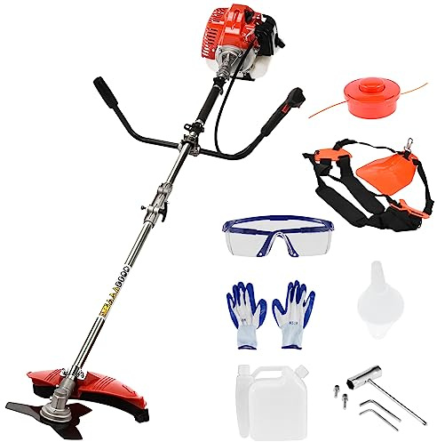 2 in 1 Benzin Rasentrimmer, 52CC 2,2KW - Motorsense Benzin 2-Takt mit 8500 U/min - Freischneider mit 3-Zahn-Messer & Fadentrimmerkopf - Für Unkraut & Gestrüpp (Rot)