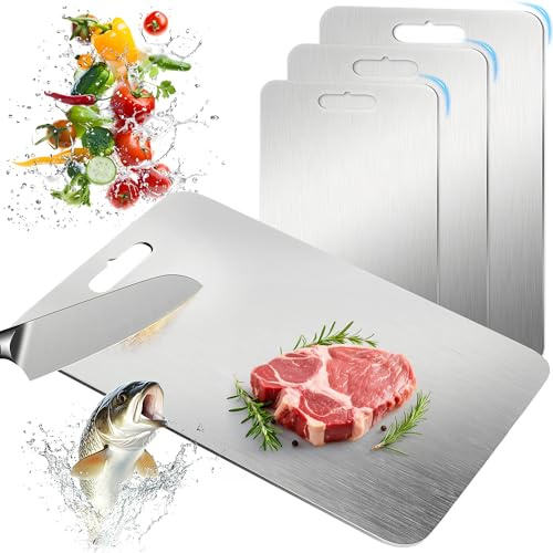 BOYUNSHI 3 Stück Titan Schneidebrett, Edelstahl Titanium Cutting Board Doppelseitiges Lebensmittel Grade Schneidebrett für Fleisch, Brot, Gemüse & Obst