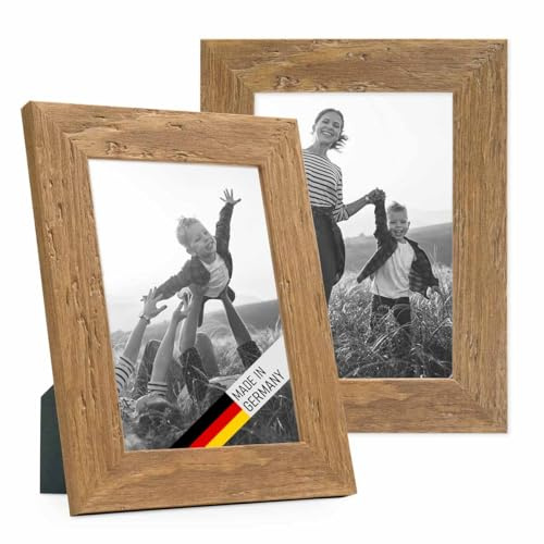 Bilderrahmen 13x18 cm Holz Eiche-Optik, 2er Set Echtholz-Rahmen rustikal, Strandhaus, Made in Germany, Echtglas, zum Aufhängen & Aufstellen, extra Zubehör - Treibholzlook mit einem Hauch Küstenflair