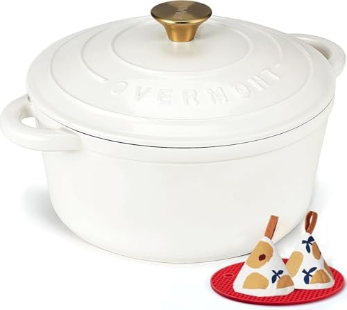 Overmont Bräter emaille Gusseisen Topf - Schmortopf 26cm backofengeeignet - mit Deckel und Kochbuch - für Küche Backen Schmoren Braten Perlweiß