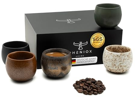 Pheniox Espressotassen Set Timeout Mini | 5 x 50 ml - hochwertige Tassen aus Steingut | Espresso Tassen Set - ohne Henkel | Geschenk in modernem Design - spülmaschinenfest | Mokka | Tee | Sake