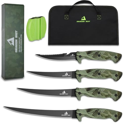 DRAGON RIOT Filetiermesser Fisch Set, Fischmesser mit Anti-Rutsch-Griff, Kochmesserset mit Mit Tasche und Messerschärfer, Full Tang Angelmesser Outdoor-Messer-Set, Geschenk für Männer