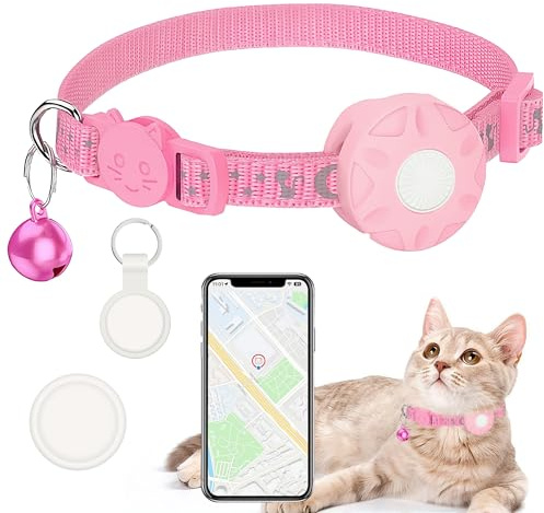GRETMIX Cat Tracker Halsband, Echtzeit-Tracking-Gerät für Katzen, Lange Akkulaufzeit, funktioniert mit iOS & Android SmartTag App, mit reflektierendem Muster & Glocke, Keine monatliche Gebühr, Rosa