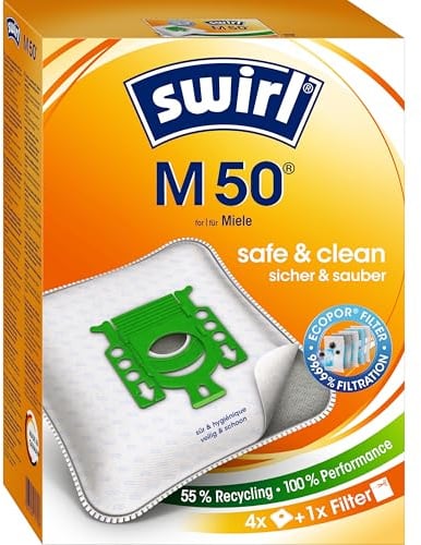 Swirl M 50 EcoPor Staubsaugerbeutel (4 Beutel), reißfeste Staubbeutel für einige Miele Staubsauger, 99,9% Filterung von Hausstaub & allergenem Feinstaub