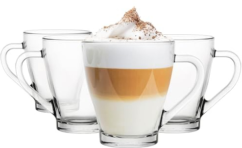 Glasmark KROSNO 1992 Gläser Set Kaffeegläser Mit Henkel Tasse 4 Stück 200 ml Kaffeetasse Trinkbecher Teetassen Becher Spülmaschinenfest, Durchsichtig