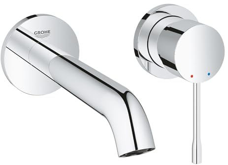 GROHE Essence, Waschtischarmatur für die Wandmontage, wassersparend (2-Loch Wasserhahn für das Bad, 18cm lang, langlebige Oberfläche, Badarmatur ohne Unterputz Einbauset), chrom, 19408001