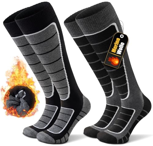 Stoeury 2 Paar Merinowolle Skisocken Herren Damen, Gepolsterte Skisocken, Bequeme Snowboard Socken, Warme Skistrümpfe, Thermosocken Wintersocken für Skifahren, Lange Skitouren, Langlauf, Snowboarden