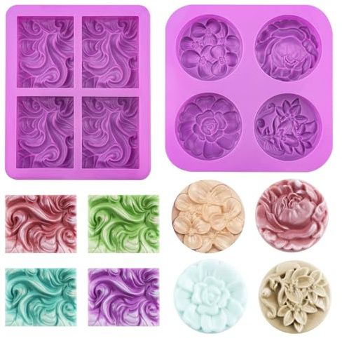 Luckwaii Seifen Silikonform Blumen Seifen Selber Machen Set, 2 Stück Seifenformen Silikon 4 Hohlraum Seifen Formen zum Gießen, Seifengießen Set Wellig Rechteckig & Blumen Rund für Seife DIY Formen