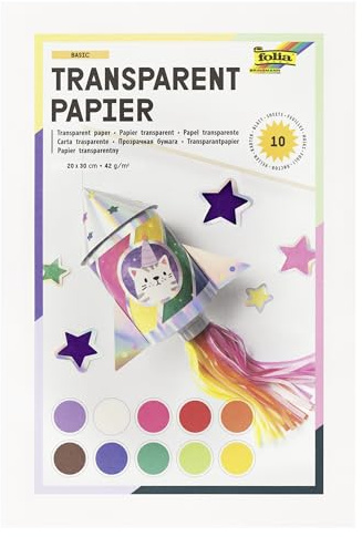 folia 888 - Transparentpapier im Heft, Drachenpapier, ca. 20 x 30 cm, 10 Blatt sortiert in 10 Farben, 42 g/qm, durchschimmernd, zum Basteln von Windlichtern, Laternen, Fensterbildern