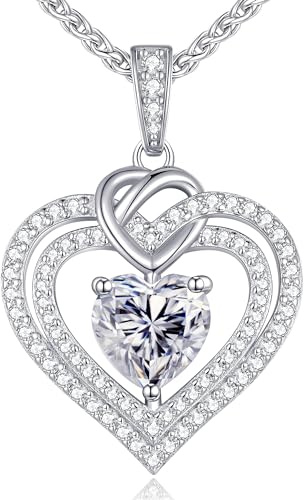 CDE Kette Damen Moissanite Halskette Damen Silber 925, Doppel Herz VVS1 Reinheit D Farbe, Frauen Schmuck Geburtstags Geschenk für Sie Freundin Weihnachten Valentinstag Muttertags