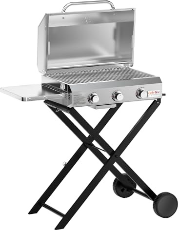 Onlyfire 3 Brenner Gas Grillwagen | BBQ Gasgrill mit Grillrost | 7Kw | Grillfläche 56,5×34cm | mit Seitentischen, Faltbarem Rollwagen, Rollen, Thermometer | für Outdoor Camping Balkon Garten