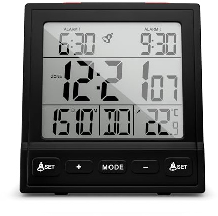 MEBUS Digitaler Funkwecker mit Thermometer, Datumsanzeige, Zwei Weckzeiten, Weckwiederholung, automatische Einstellung Sommer-/Winterzeit, Funk-Uhr, Digitalwecker/Farbe: Schwarz/Modell: 25581