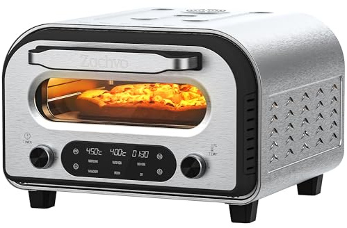 Profi-Pizzaofen Elektrisch 450°C, Neapolitanische Pizza in 90 Sek., Ober- und Unterhitze, LED-Touchscreen & Drehregler, 5 Programme + DIY-Modus, 32 cm Pizzastein, Pizzaschieber & Rezeptbuch, Edelstahl