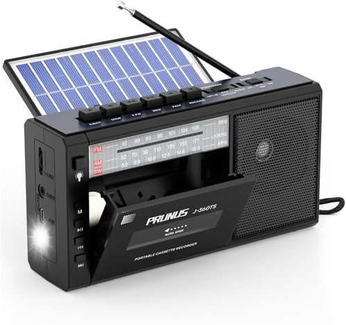 PRUNUS J-360 Tragbare Kassettenspieler mit Bluetooth, AM/FM Kassettenradio mit Akku & Solarpanel, Kleines Radio kassettenrekorder mit Kopfhöreranschluss, TF/USB-Laufwerk.