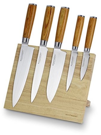 ECHTWERK Damastmesser Set 6tlg., Küchenmesser Set, Kochmesser, Santokumesser, Filetiermesser, Universalmesser, Schälmesser, Glattschliff, Messergriffe aus Pakka-Holz, Inkl. Magnet-Messerblock aus Holz