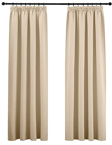 PONY DANCE Wohnzimmer Vorhänge Beige Kräuselband 2er Set H 245 x B 140 cm Thermovorhang Hitzeschutz Verdunklungsvorhänge für Schienensystem Gardinen Blickdicht, Biscotti Beige