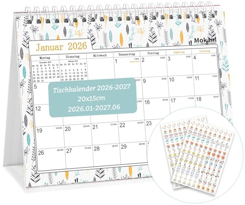 MOKANI Tischkalender 2026, Kleiner Monatskalender 2026-2027 von Januar 2026 bis Juni 2027, 18 Monate Schuljahr Flip-Stehkalender 2026 mit 234 Aufklebern - 20x15cm