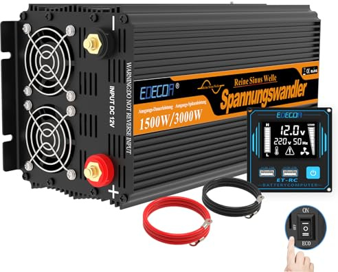 EDECOA Spannungswandler 12v 230v Wechselrichter 12 auf 230v Reiner Sinus 1500w Konverter mit Fernbedienung LCD und 2 USB Wandler (1500w 12v)
