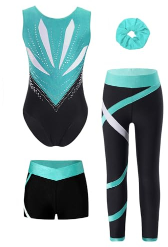 FEESHOW 4er Mädchen Gymnastikanzug Mit Hose Ärmelloser Farbblock Turn Trikot Leggings Shorts Und Haargummi Set Kinder Tanzkleidung A_Blau&Grün 122-128