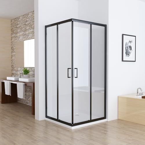 MIQU Duschkabine Eckeinstieg 90x90 cm Duschwand mit Doppel Schiebetür Matt Schwarz, 5mm ESG Sicherheitsglas, Rollen Schiebetüren Glas komplett Dusche Duschabtrennung Höhe 185cm, ohne Duschtasse