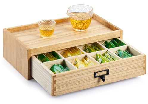 KIRIGEN Teebox aus Massivholz mit Schublade, Teebeutelbox, Tee-Organizer | 8 Fächer · Metallgriff · 37 × 20,6 × 11 cm · Schlitz-und-Zapfen-Bauweise · fertig montiert · Natur · Pflanzenöl-Finish