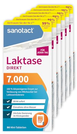 sanotact Laktase 7.000 DIREKT (6 x 90 Mini Laktasetabletten) • Laktose Tabletten für jeden Tag • Bei Laktoseintoleranz, Laktose- & Milchunverträglichkeit • Schnelle Einnahme ohne Wasser