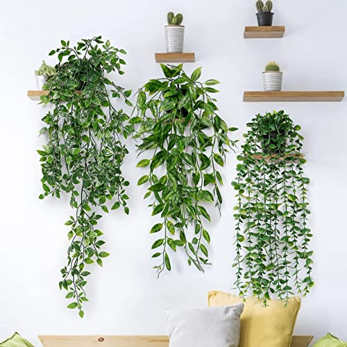 Betylifoy 3 Stück Künstliche Hängepflanzen Eukalyptus Blätter mit Töpfen 50-70cm Lang Wartungsfreie Künstliche Pflanzen Rebe für Hausgarten Indoor Outdoor Decor (Eucalyptus)