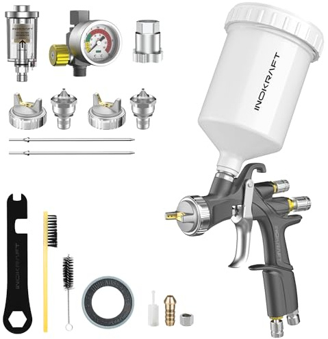 InoKraft Premium D1 LVLP Luftsprühpistolen-Set, einfach zu bedienende Luftspritzpistole für Autos und Zuhause, Düsen 1,3/1,5/1,7 mm, mit Farbsprühzubehör