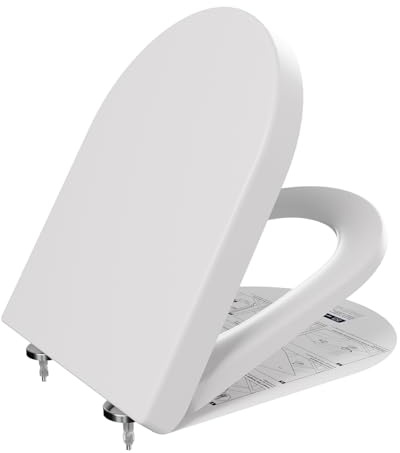 ANYCEE Toilettendeckel mit Absenkautomatik 46x36.5 CM, WC Sitz aus Duroplast, Klodeckel mit Antibakterielle, Toilettensitz D-Form, WC Deckel mit Quick-Release,Toilettenbrille universal, Klobrille Weiß