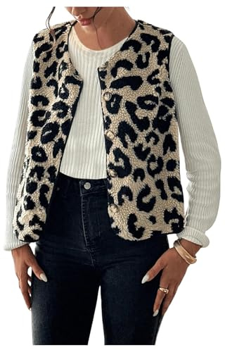GORGLITTER Ärmellose Weste Damen Leicht Leo Weste Teddy Jacke Weste Fleeceweste Jacke Mit Knöpfen Leo Weste Herbst Winter