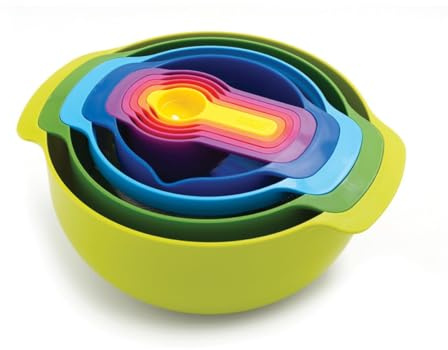 Joseph Joseph Kunststoff Nest 9 Plus, 9-teiliges kompaktes Lebensmittelzubereitungsset mit Sieb und Rührschüsseln – mehrfarbig