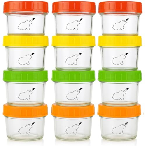 Budding Bear Vorratsdosen Glas für Babynahrung, Glasfrischhaltedose 120ml (12 Stk) - Gefrierdosen Klein mit Schraubdeckel, Glasbehälter Rund Mikrowellenfest (Außer Deckel) - Schadstoffrei, Mehrweg