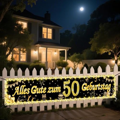 Seutgjie 50 Geburtstag Deko Geburtstagsbanner mit LED Lichtband für Frauen Männer 40 * 270CM Hintergrund Dekoration Gold Schwarz