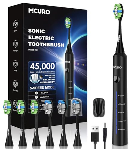 Elektrische Zahnbürste, Schallzahnbürste, Zahnbürste Elektrisch 45000VPM, Aufhellung Der Zähne In 1 Woche, 120 Tage Akkulaufzeit, Batteriestandsanzeige, 6 DuPont-Bürstenköpfe, 5 Modi, Timer, Schwarz