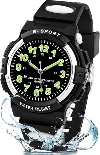 Edillas Kinderuhr Jungen Mädchen,Armbanduhr Kinder Analog mit 30M Wasserdicht,Stoßfest,TPU-Armband für 5-16 Jahre, Einschulung Outdoor Sport (Schwarz)