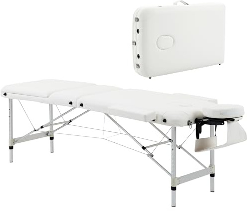 HOMCOM Mobile Massageliege 3 Zonen Klappbar Massagetisch mit Kopfstütze Armlehne Tragetasche höhenverstellbare Aluminium Massagebett tragbar inkl. Zubehör Massagebank bis 225 kg Belast Weiß