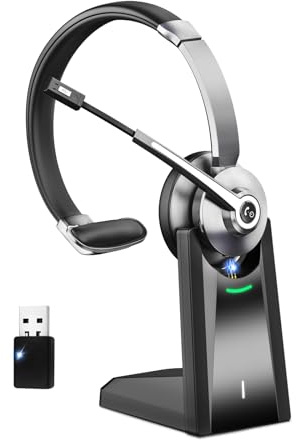Bluetooth Headset mit Mikrofon，Kabelloses Headset mit USB Dongle & Ladestation, Wireless Office Headset mit Stummschaltung & Rauschunterdrückung Mikrofon für Computer/Call Center/Büro/HomeOffice/Teams