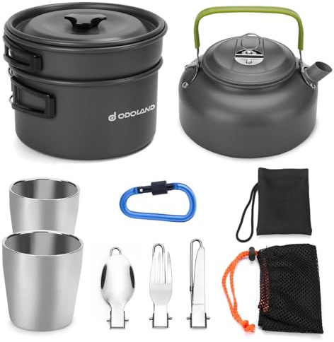 Odoland Geschirr-Set für 1-2 Personen, Kochset mit tragbarem Aluminiumtopf Teekessel Tassen faltbares Besteck, für Camping Outdoor Picknick Wandern