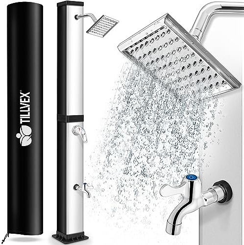 tillvex® Solardusche 40 Liter inkl. Abdeckung | Gartendusche warmes Wasser | Solar Dusche Außen, Garten, Pool & Camping ohne Strom | Pooldusche mit Regenduschkopf, Wasserhahn & Gartenschlauch-Anschluss