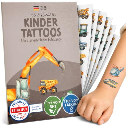 lila liebt dich® Tattoos für Kinder - Fahrzeuge - ab 3 J. (6 gleiche Bögen) | Hautfreundliche Kindertattoos: Made in Germany, dermatest getestet, BHT- & talkumfrei. Tolle temporäre Tattoos.