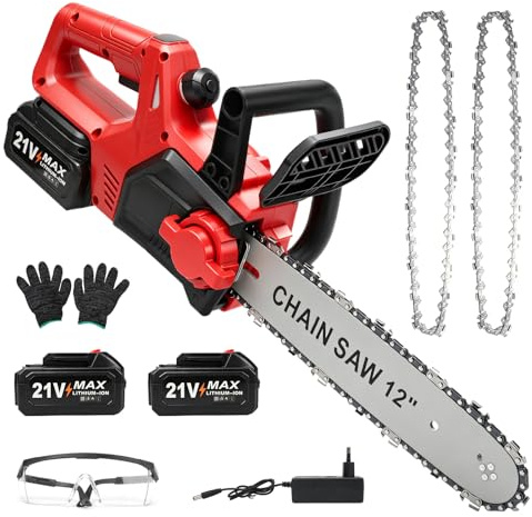 Akku Kettensäge 12 Zoll 1200W Brushless Kettensäge mit 2×4000mAh Akkus | Elektro Kettensäge mit Automatischer Öler und Ersatzkette, Handkettensäge für Gartenscheren Astschere Holzschneidenz