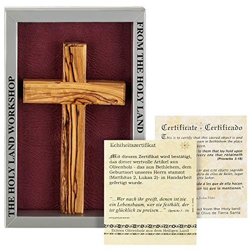 MaMeMi WANDKREUZ aus OLIVENHOLZ – ca. 16 x 9 cm – Handgefertigtes HOLZKREUZ aus dem Heiligen Land mit Wandhalterung – In Geschenkbox mit Zertifikat – Christliches Geschenk Qualität