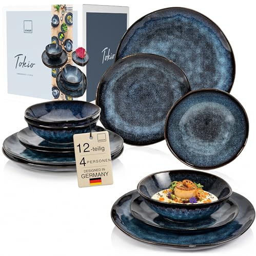 Sänger Tokio Geschirrset für 4 Personen, Teller Set 12-teilig, Dunkelblau | Steingut Tafelservice mit Speise-, Desserttellern & Schüsseln, schwarzen Akzenten, mikrowellen- & spülmaschinengeeignet