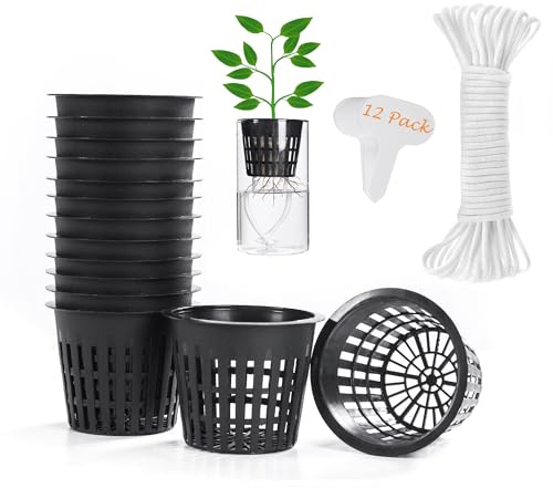 ORIMERC 12 STK 8cm Netztöpfe Hydrokultur, mit 4m Selbstbewässerungsdocht, Pflanzen Mesh Topf, Hydroponische Netzkörbe für Hydroponik Aquaponik Kratky DWC, Gitterbecher-Breiter Rand-Wiederverwendbar